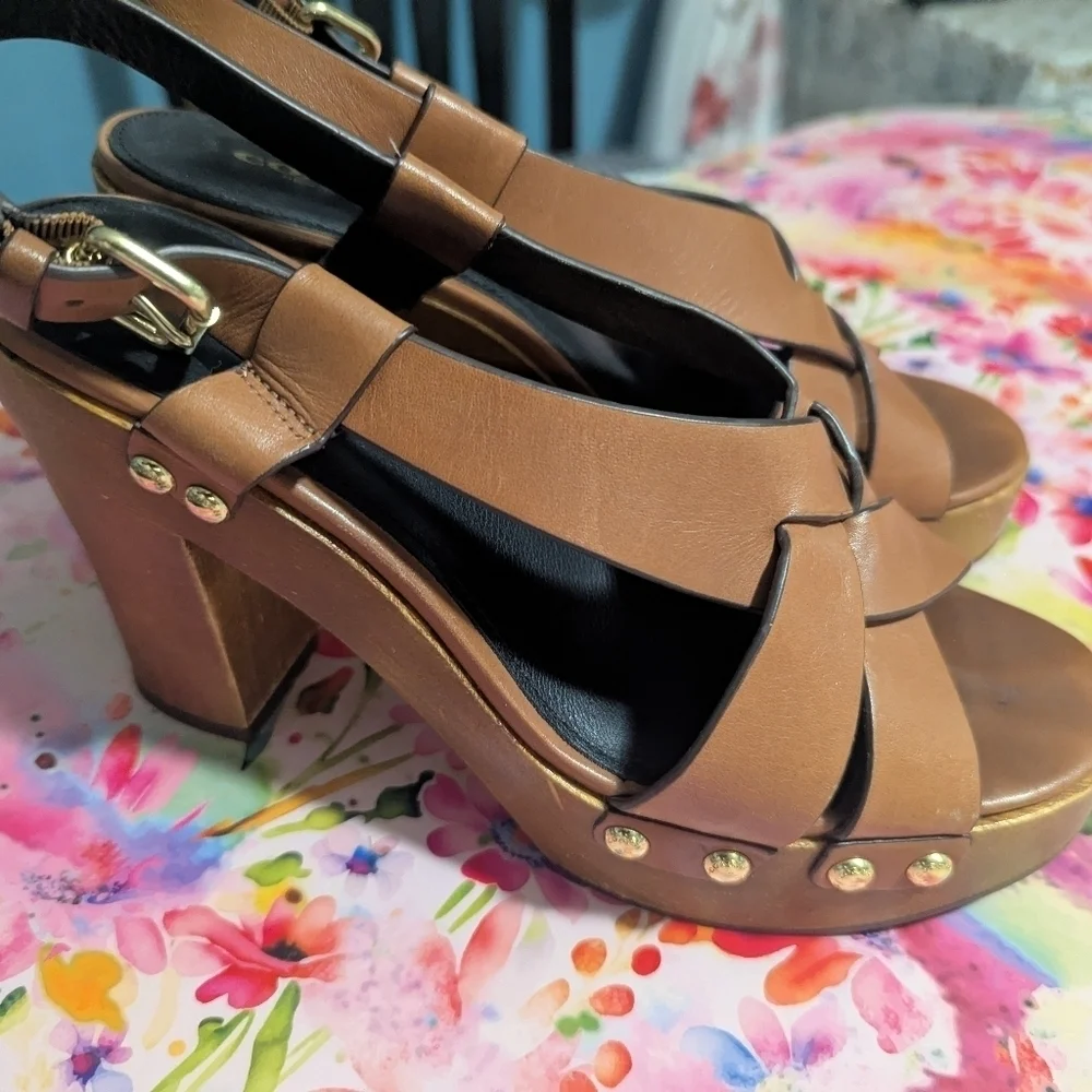 Coach Brown and Gold Heels with Chunky Block Design